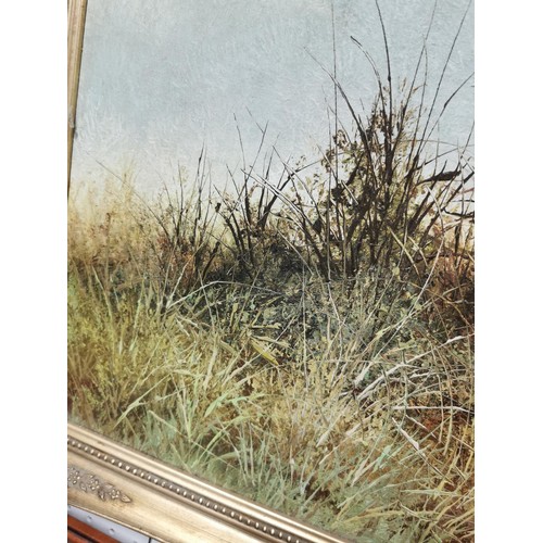 401 - Large original oil on canvas of a pointer hunting a pheasant in a grassed scene,  by L. Eiford recog... 