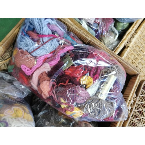 409 - Large quantity of 6x wicker hampers / baskets containing various sewing, embroidery, tapestry and kn... 