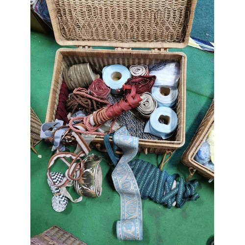 409 - Large quantity of 6x wicker hampers / baskets containing various sewing, embroidery, tapestry and kn... 