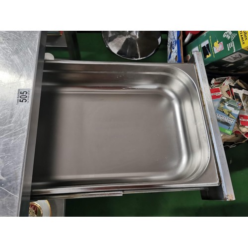 505 - Large Sissons stainless steel catering table with shelf to the base and low splash back to the back ... 