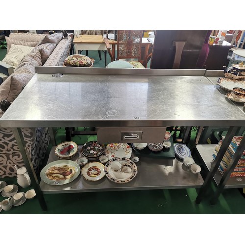 505 - Large Sissons stainless steel catering table with shelf to the base and low splash back to the back ... 