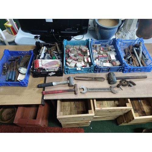 2 - 5 crates containing a large quantity of tools and accessories including hammers, metal cutters, chis... 