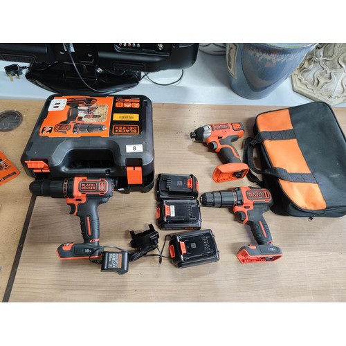 8 - 3 new in case black & decker drill sets. With 3 batteries including 2 hammer drills, tool bag and ha... 