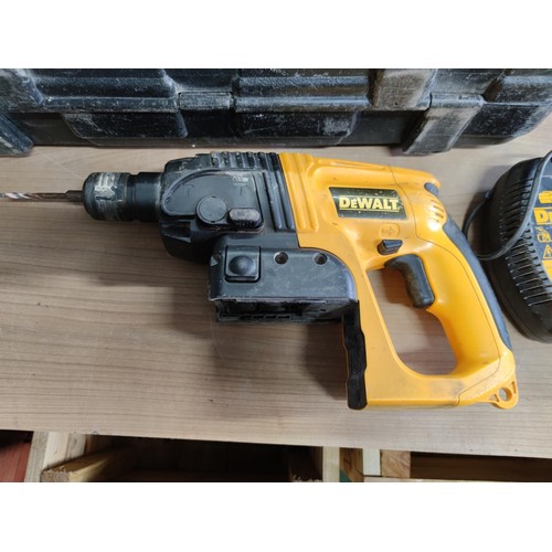 13 - A cased DeWalt heavy duty cordless hand drill, model DE0246 complete with charger and working batter... 