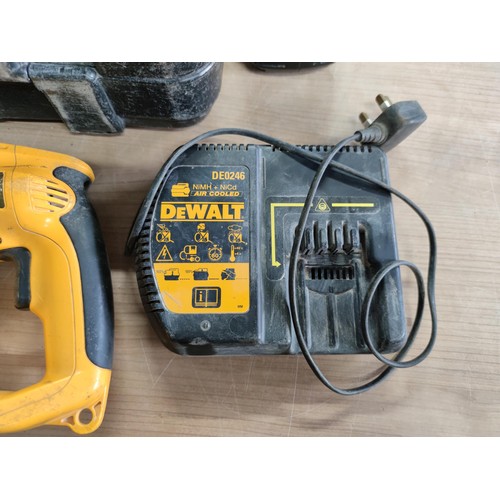 13 - A cased DeWalt heavy duty cordless hand drill, model DE0246 complete with charger and working batter... 