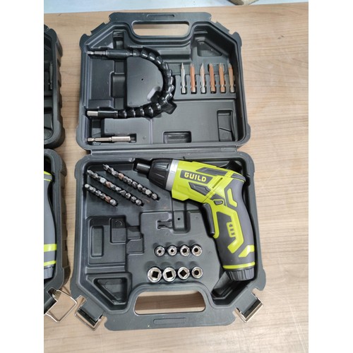 19 - A quantity of 3 cased guild cordless screwdriver sets with accessories including socket sets, flexi ... 