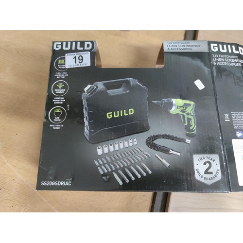 19 - A quantity of 3 cased guild cordless screwdriver sets with accessories including socket sets, flexi ... 