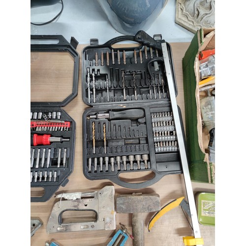 24 - 2 boxes containing a quantity of tool and accessories including 2 cased screwdriver sets, picture fr... 