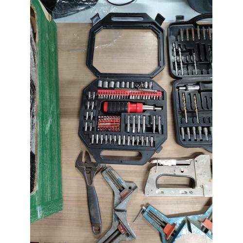 24 - 2 boxes containing a quantity of tool and accessories including 2 cased screwdriver sets, picture fr... 