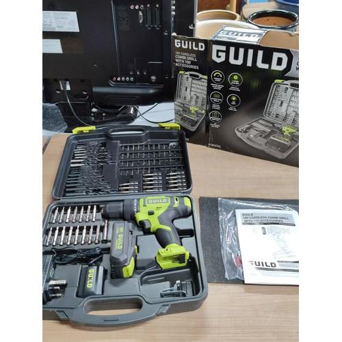 35 - A new in box cased guild 18v cordless combi drill, complete with 100 accessories including masonry a... 