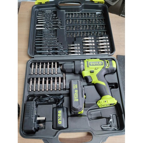 35 - A new in box cased guild 18v cordless combi drill, complete with 100 accessories including masonry a... 