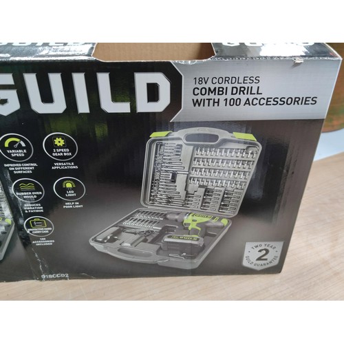 35 - A new in box cased guild 18v cordless combi drill, complete with 100 accessories including masonry a... 