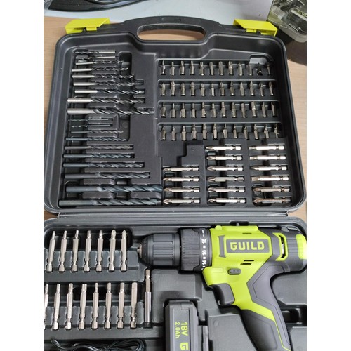 35 - A new in box cased guild 18v cordless combi drill, complete with 100 accessories including masonry a... 