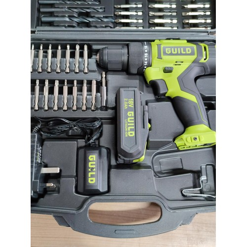 35 - A new in box cased guild 18v cordless combi drill, complete with 100 accessories including masonry a... 