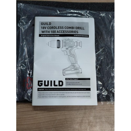 35 - A new in box cased guild 18v cordless combi drill, complete with 100 accessories including masonry a... 