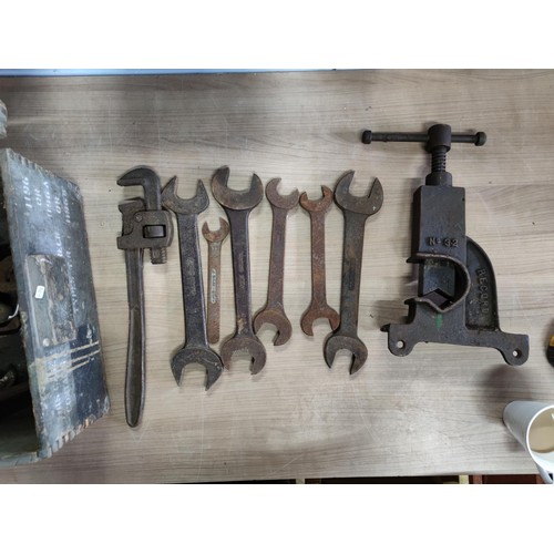 38 - A vintage wooden chest containing a large quantity of heavy duty spanners including Eagle brand, Sna... 