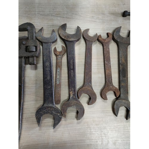 38 - A vintage wooden chest containing a large quantity of heavy duty spanners including Eagle brand, Sna... 