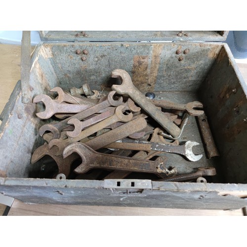 38 - A vintage wooden chest containing a large quantity of heavy duty spanners including Eagle brand, Sna... 