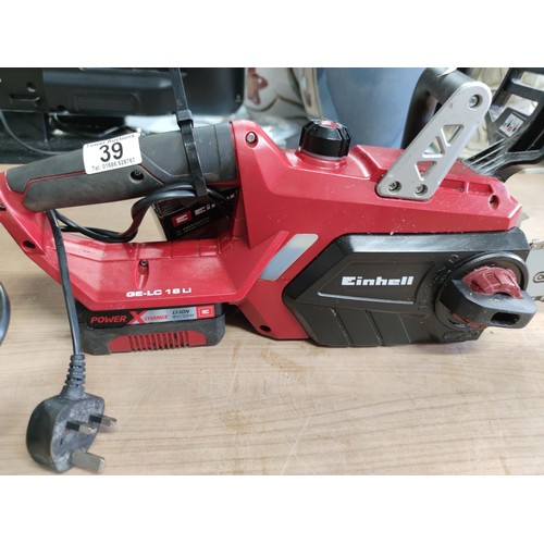 39 - An Einhell cordless chainsaw model GE-LC18LI complete with spare chain and charger in full working o... 