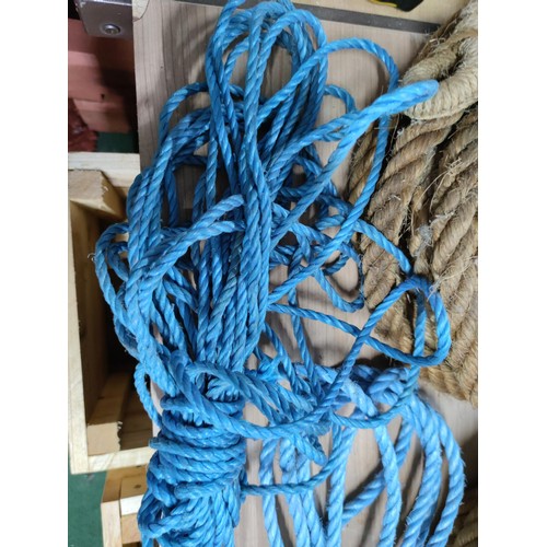 56 - A box containing a large quantity of various size blue nylon rope of various thickness 2.5cm 1.5cm 0... 