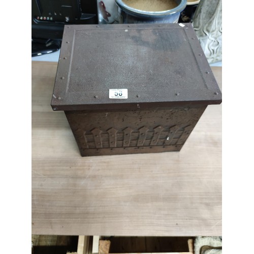 58 - A square metal coal box complete with liner and shovel with fence design to the edges in good order ... 