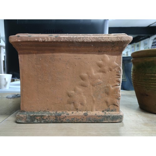 67 - A good quality vintage square terracotta plant pot with draining hole, ivy decoration to the sides, ... 