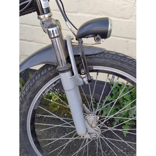 97 - A Byocycles electric fold up bike with front suspension, Shimano gears and complete with charger and... 