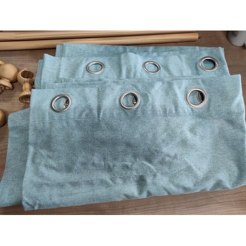 106 - A collection of curtains including a pair of of Dunelm Aqua marine 230cm drop ring curtains complete... 