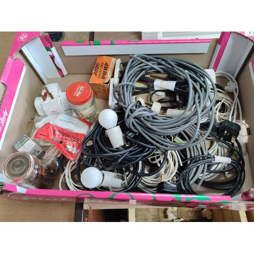 112 - A box containing a quantity of electrical equipment, including cables, an all purpose voltage tester... 