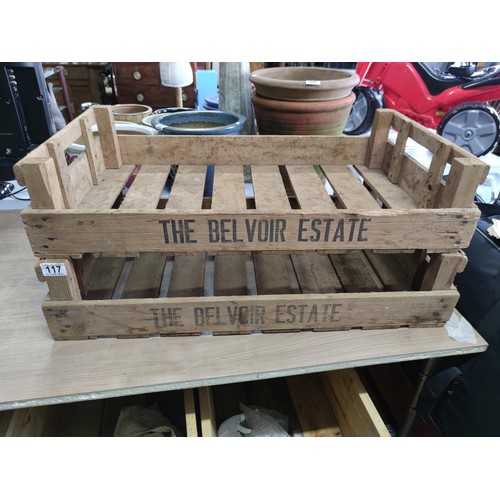 117 - A pair of the Belvoir estate wooden potato trays in good order. Length 76cm, depth 45cm.