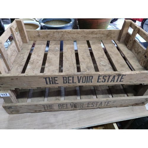 117 - A pair of the Belvoir estate wooden potato trays in good order. Length 76cm, depth 45cm.