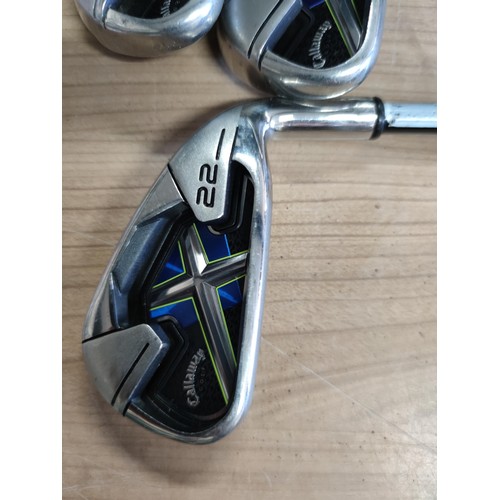 121 - A set of 6 irons by Callaway including 3,4,5,6,8 and 9. Complete with 5 socks, graphite shafts and o... 