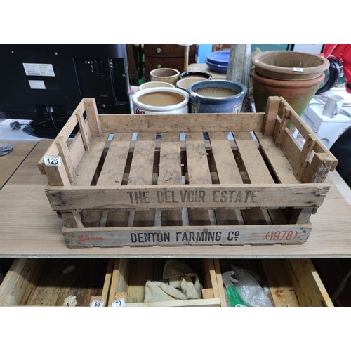 126 - 2 vintage potato trays, one stamped the Belvoir estate and one stamped Denton farming company 1978.
... 