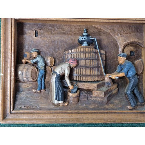 180 - A large Ian Fraser 3D depiction of a recumbent fiddler along with a framed 3D carving of wine makers... 