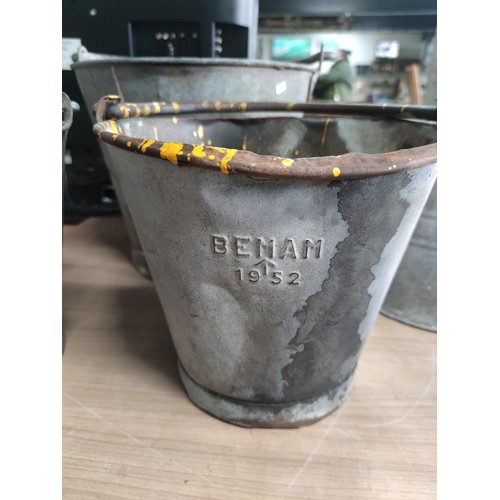 54 - A quantity of galvanized buckets including 2 mop buckets and 3 pales, one is marked Bemam 1952 with ... 