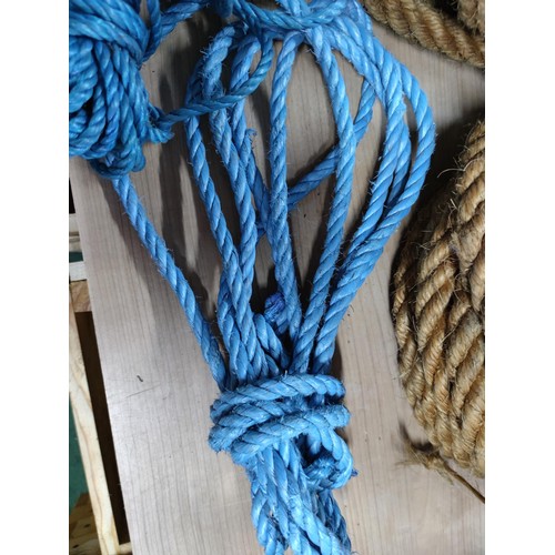 52 - A box containing a large quantities of various size blue nylon rope of various thickness 2.5cm 1.5cm... 