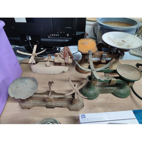 56 - 2 boxes containing 4 vintage shopkeepers scales including the viking, along with a quantity of screw... 