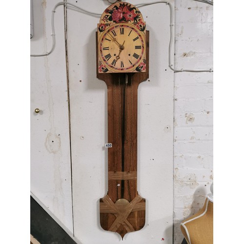 133 - Handmade vintage wall clock with long pendulum, weight driven but missing its weights.  138cm high 3... 