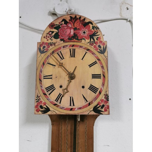 133 - Handmade vintage wall clock with long pendulum, weight driven but missing its weights.  138cm high 3... 