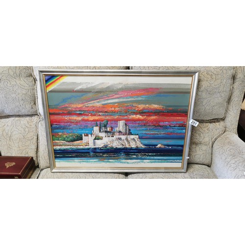 155 - Framed Yugoslavian acrylic painting of Sunset beach scene of a village on top of a cliff edge with a... 