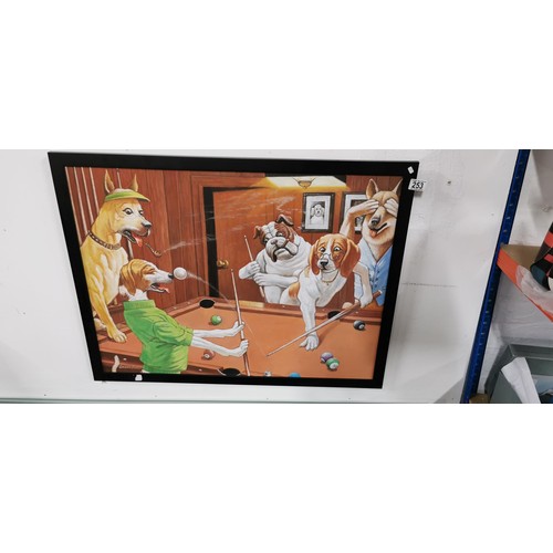 445 - Large framed cartoon oil painting depicting dogs playing a game of pool signed by the artist Geordie... 