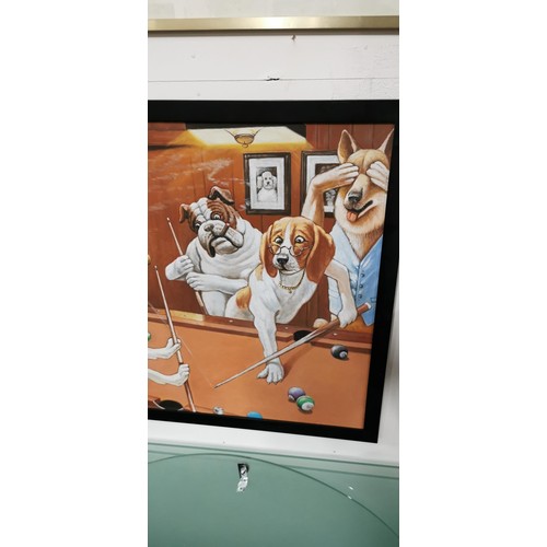 445 - Large framed cartoon oil painting depicting dogs playing a game of pool signed by the artist Geordie... 