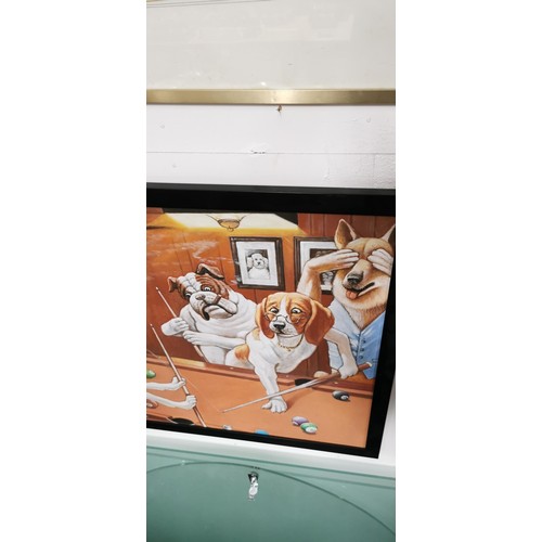 445 - Large framed cartoon oil painting depicting dogs playing a game of pool signed by the artist Geordie... 