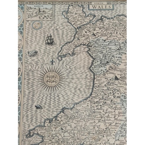 454 - Reproduction map of Wales depicting 1610 era by John Speed highlighting Beamaris, Carnarvan & Harlie... 