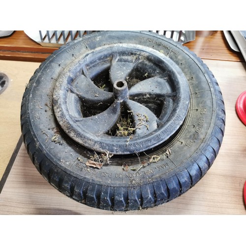 17 - Assortment of wheel barrow tyres, all with rims, inc sizes  3.50/8 and 3.00/4, along with an inner t... 