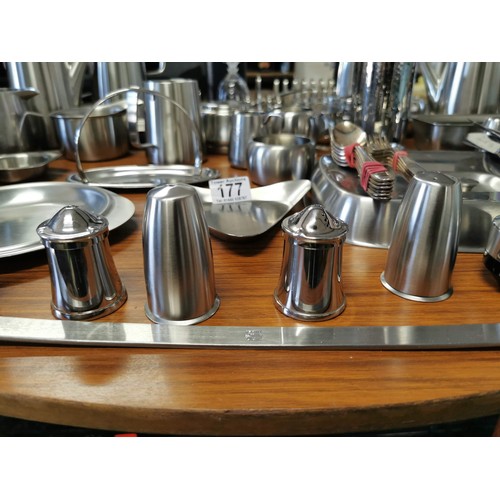 177 - Comprehensive Old Hall stainless steel catering colletion inc coffee and teapot, jugs, cruet sets bo... 