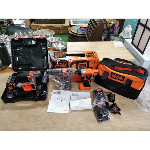 27 - Cased Black & Decker 18v cordless drill set, inc impact drill and hammer drill, along with a cased 1... 