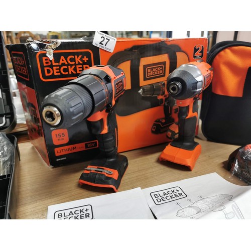 27 - Cased Black & Decker 18v cordless drill set, inc impact drill and hammer drill, along with a cased 1... 