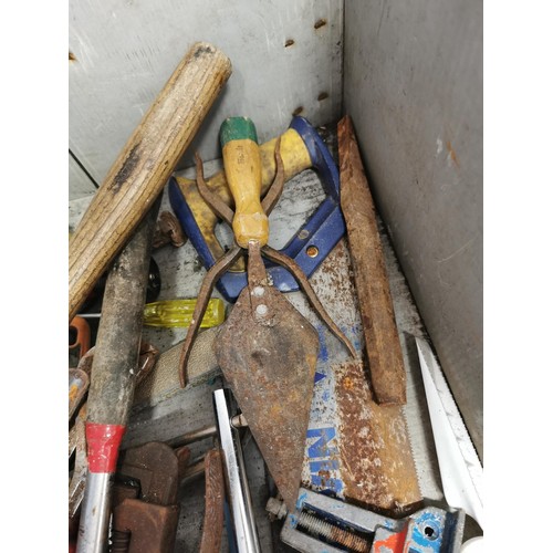 36 - Box containing a large quantity of tools inc garden shears, hand saws, metal detector, hammers, plie... 