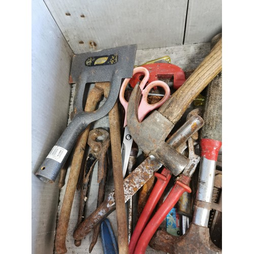 36 - Box containing a large quantity of tools inc garden shears, hand saws, metal detector, hammers, plie... 